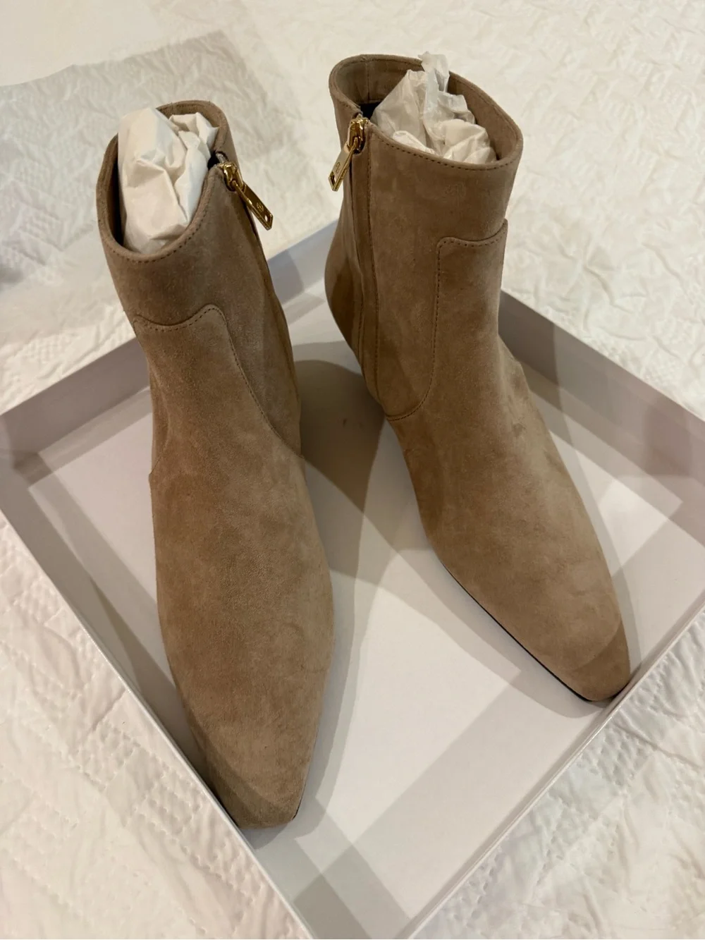 Anine Bing Taupe Suede Pointed Toe Ankle Boot with Gold Zip